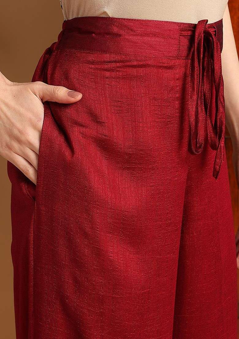 Maroon Embroidered Poly Blended Kurta Sets - Indya