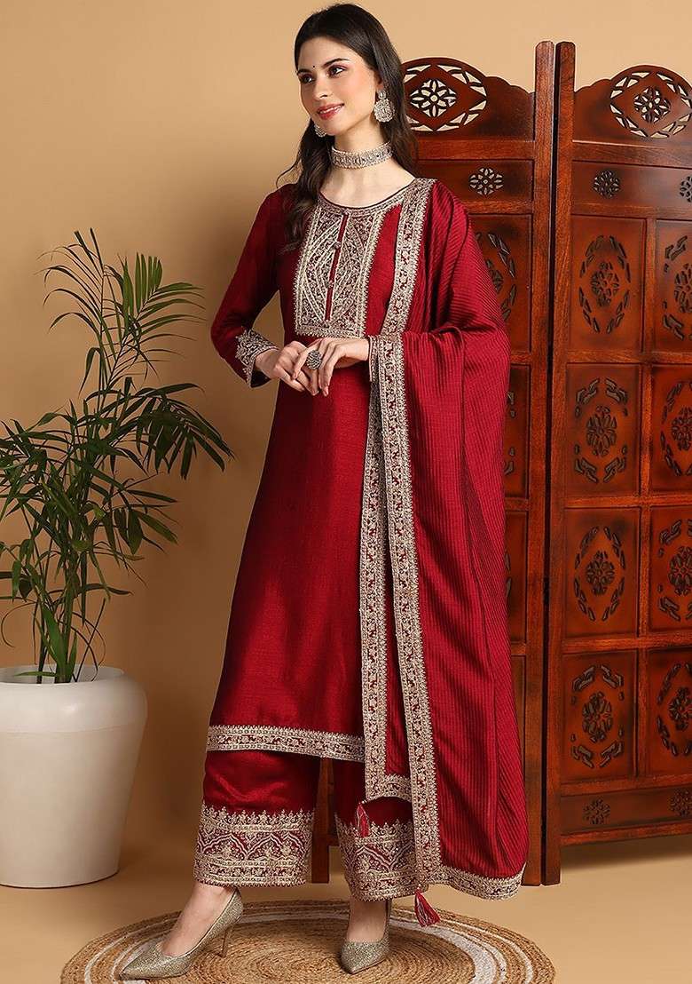 Maroon Embroidered Poly Blended Kurta Sets - Indya