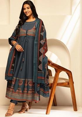 Navy Blue Embroidered Poly Blended Kurta Sets