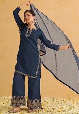 Navy Blue Embroidered Poly Blended Kurta Sets
