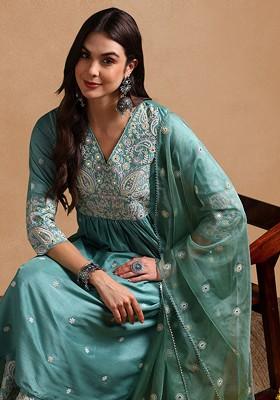 Sea Green Embroidered Poly Blended Kurta Sets
