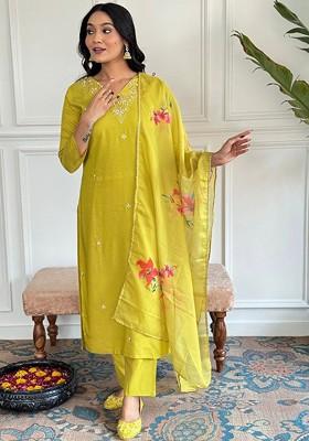 Lime Green Embroidered Poly Blended Kurta Sets