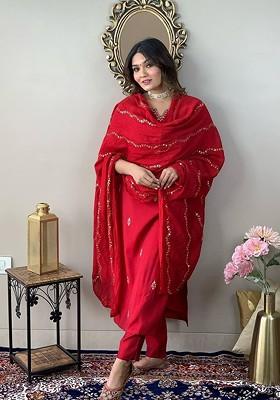 Red Embroidered Poly Blended Kurta Sets