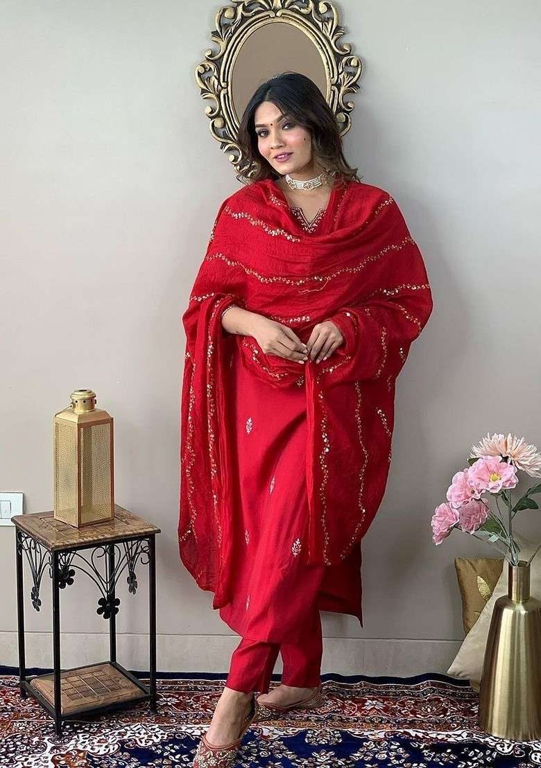 Red Embroidered Poly Blended Kurta Sets - Indya