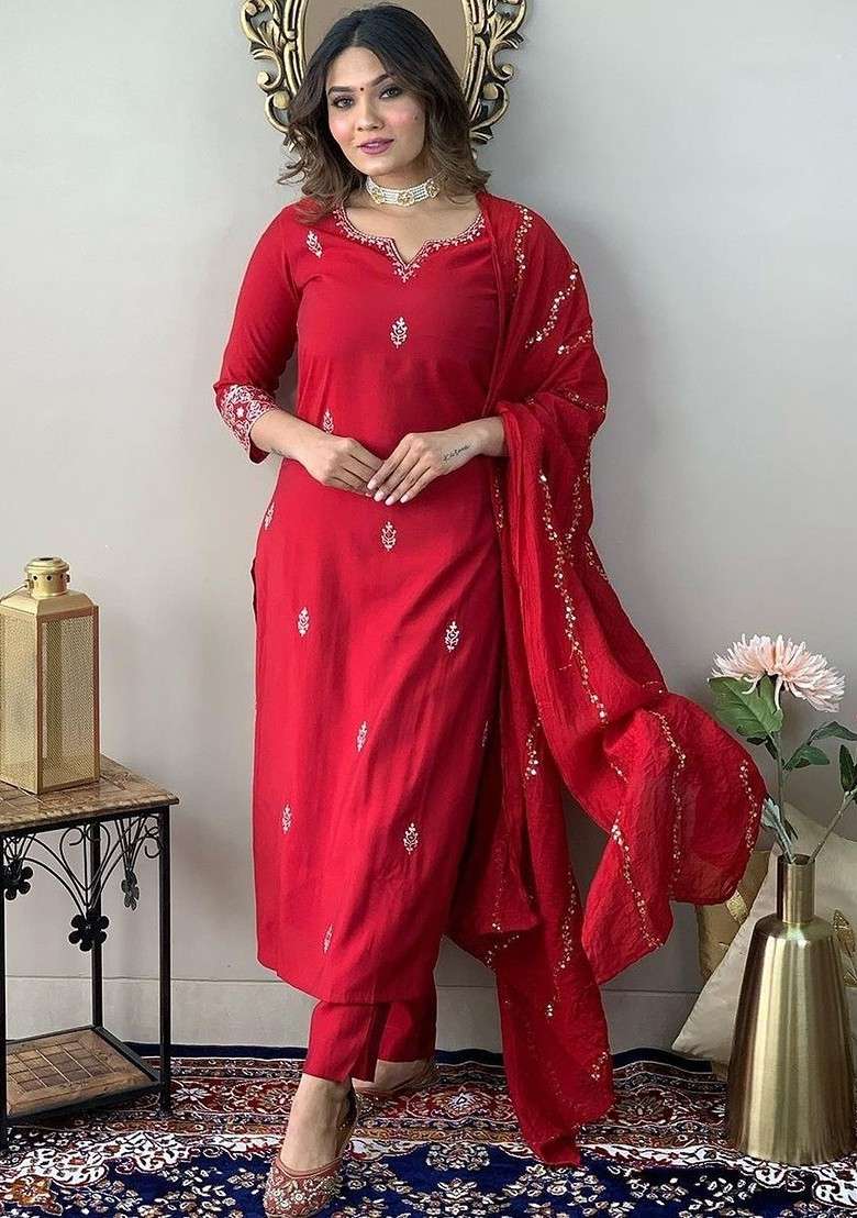 Red Embroidered Poly Blended Kurta Sets - Indya
