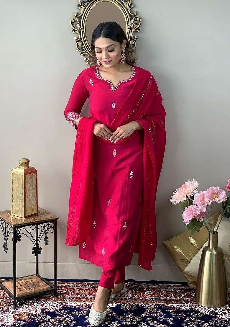 Red Embroidered Poly Blended Kurta Sets - Indya