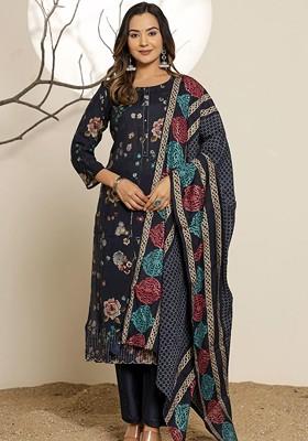 Navy Blue Embroidered Poly Blended Kurta Sets