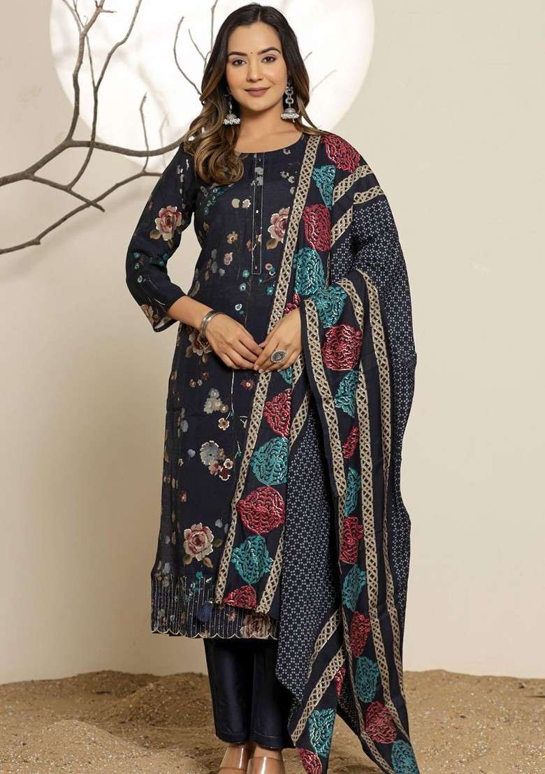Navy Blue Embroidered Poly Blended Kurta Sets - Indya
