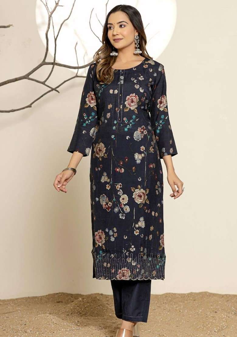 Navy Blue Embroidered Poly Blended Kurta Sets - Indya