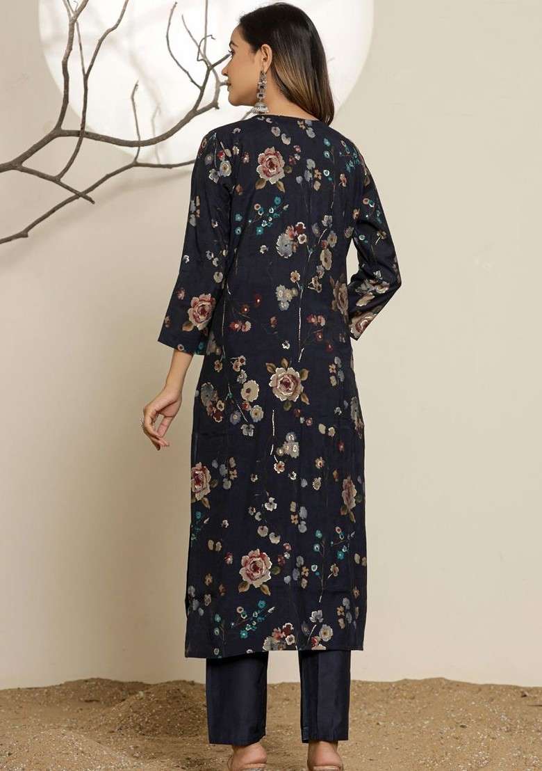 Navy Blue Embroidered Poly Blended Kurta Sets - Indya