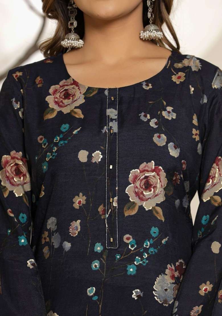 Navy Blue Embroidered Poly Blended Kurta Sets - Indya