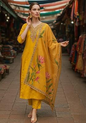 Yellow Embroidered Poly Blended Kurta Sets