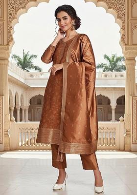 Brown Embroidered Poly Blended Kurta Sets