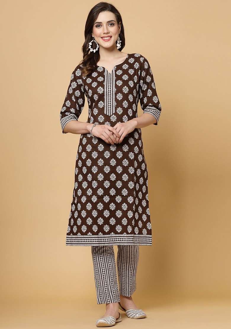 Coffee Brown Embroidered Poly Blended Kurta Sets - Indya