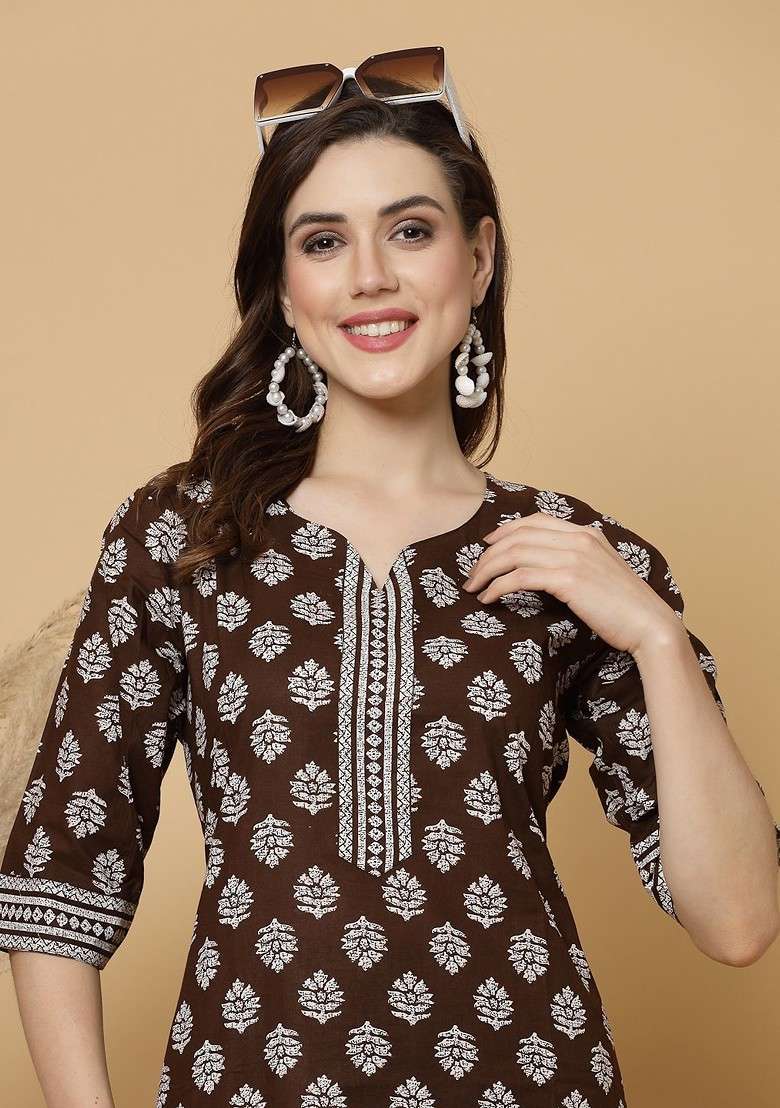 Coffee Brown Embroidered Poly Blended Kurta Sets - Indya