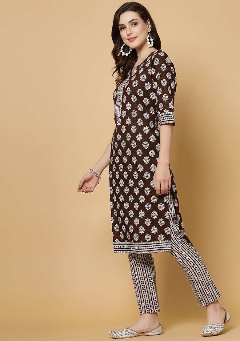 Coffee Brown Embroidered Poly Blended Kurta Sets - Indya