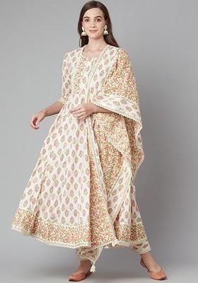 Cream Embroidered Poly Blended Kurta Sets