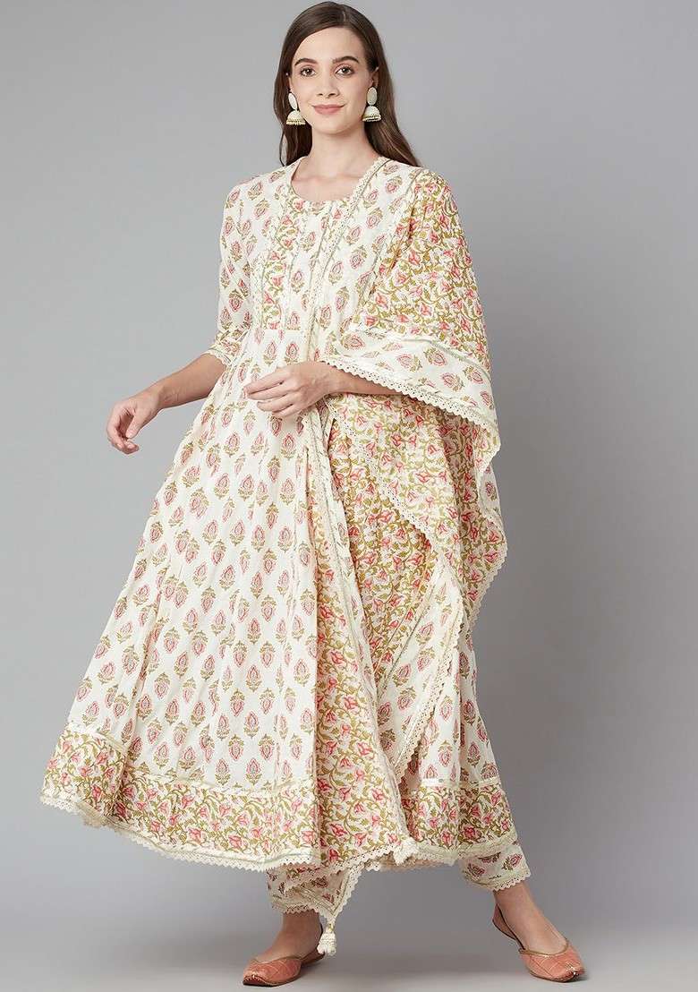 Cream Embroidered Poly Blended Kurta Sets - Indya