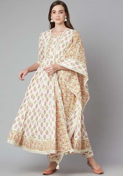 Cream Embroidered Poly Blended Kurta Sets