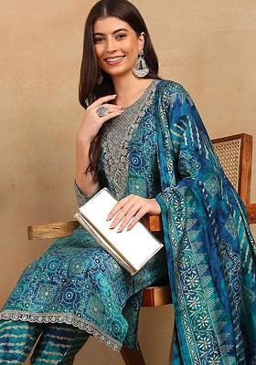 Teal Embroidered Poly Blended Kurta Sets