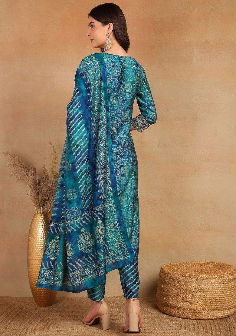 Teal Embroidered Poly Blended Kurta Sets - Indya