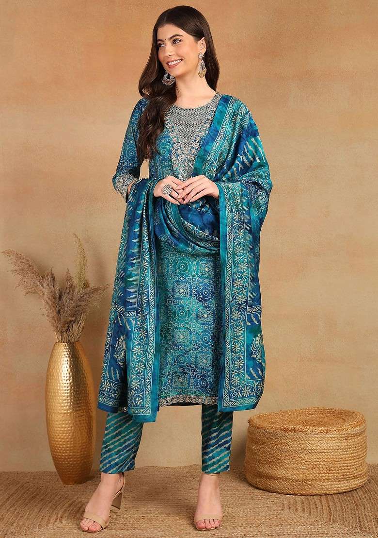 Teal Embroidered Poly Blended Kurta Sets - Indya