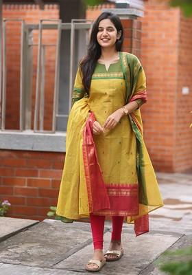 Yellow Embroidered Poly Blended Kurtas