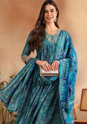 Teal Embroidered Poly Blended Kurta Sets