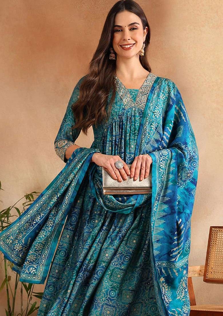 Teal Embroidered Poly Blended Kurta Sets - Indya