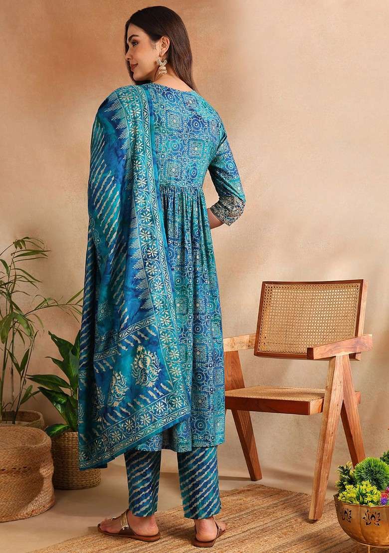 Teal Embroidered Poly Blended Kurta Sets - Indya