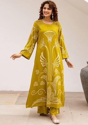 Lime Green Embroidered Poly Blended Kurta Sets