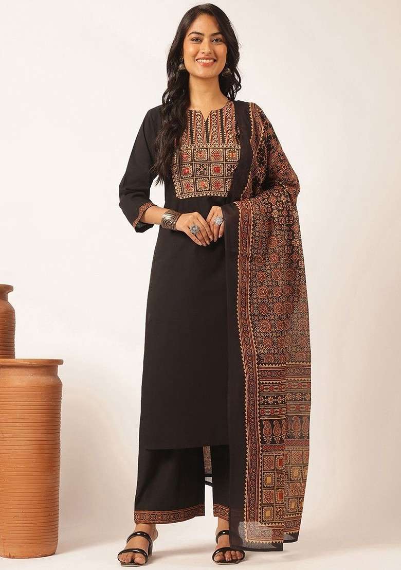 Black Embroidered Poly Blended Kurta Sets - Indya