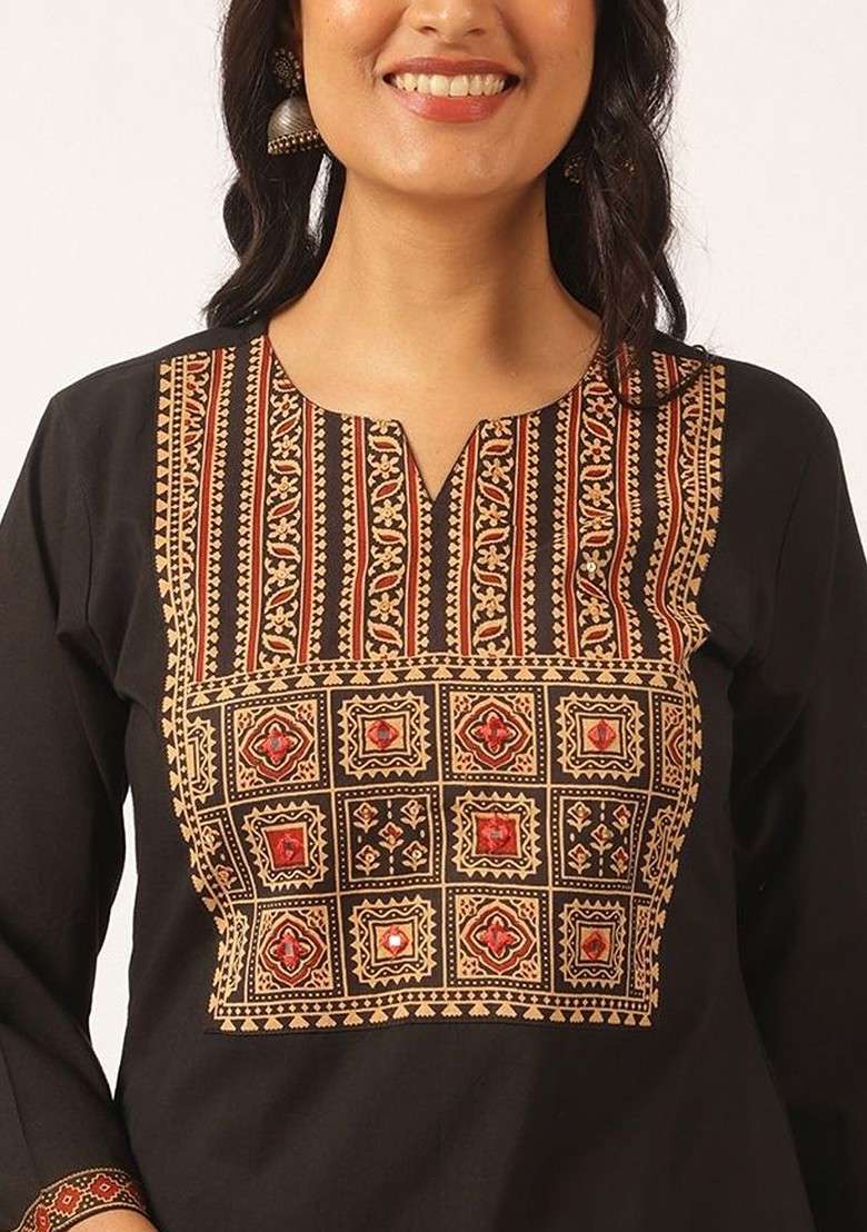 Black Embroidered Poly Blended Kurta Sets - Indya