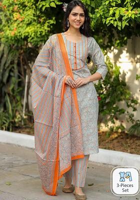Orange Embroidered Poly Blended Kurta Sets