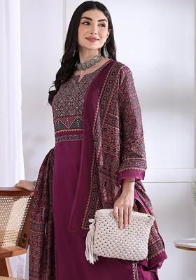 Magenta Embroidered Poly Blended Kurta Sets