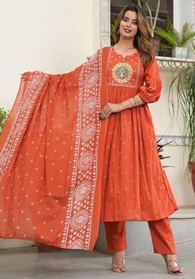 Rust Embroidered Poly Blended Kurta Sets
