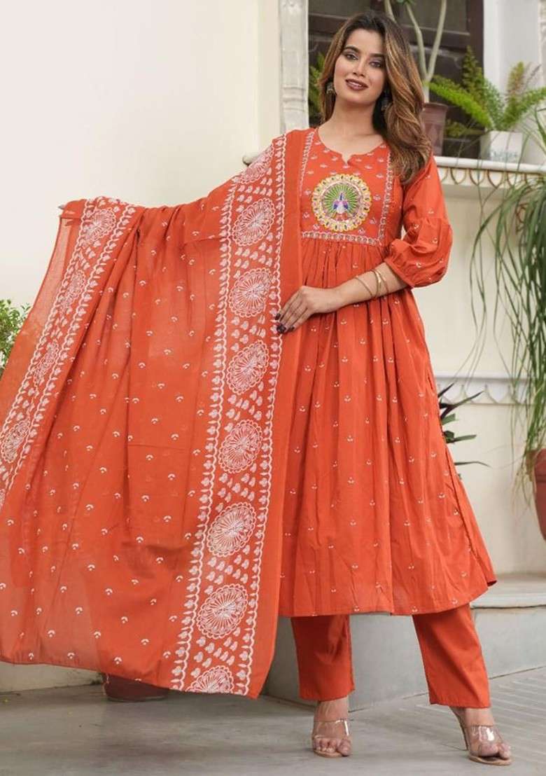 Rust Embroidered Poly Blended Kurta Sets - Indya