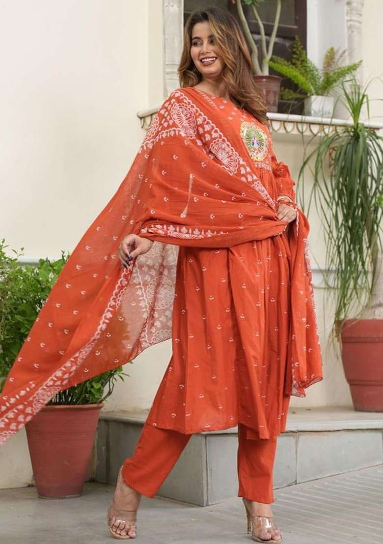 Rust Embroidered Poly Blended Kurta Sets - Indya