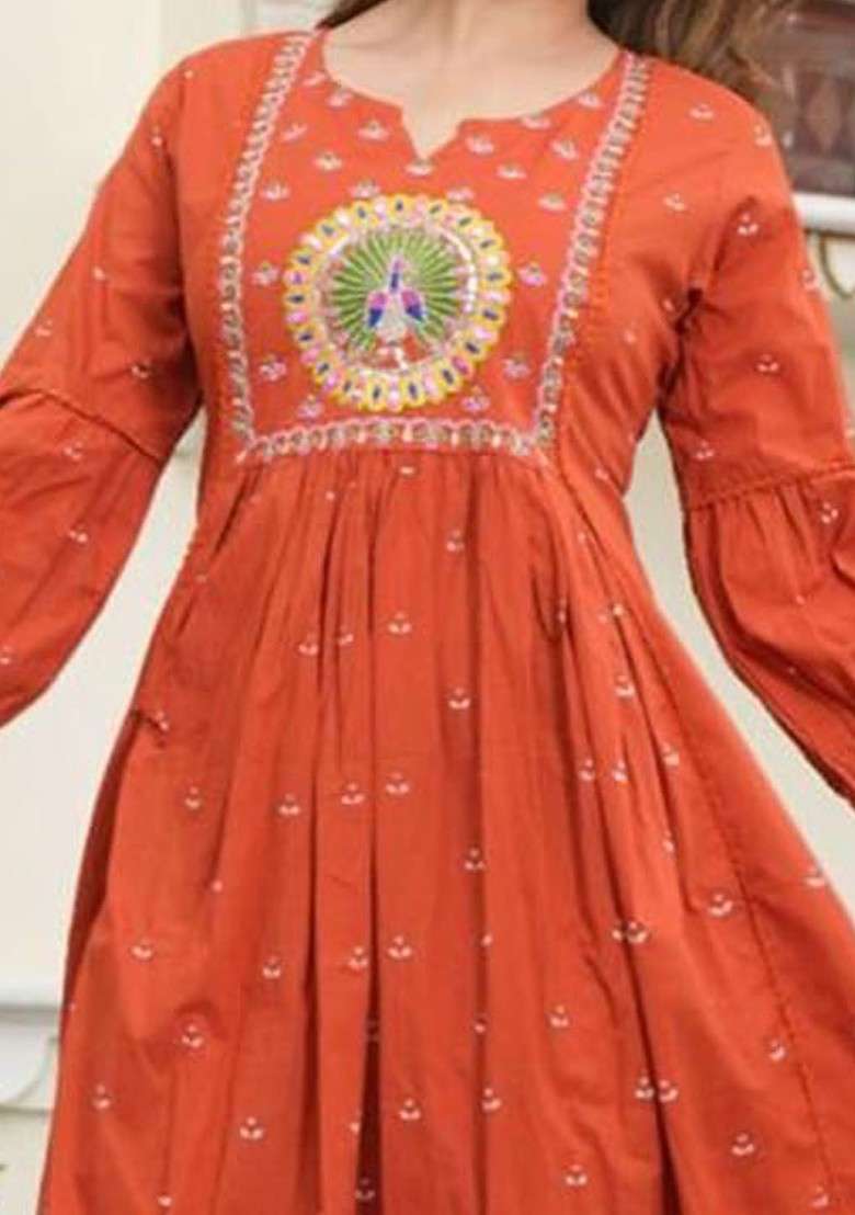Rust Embroidered Poly Blended Kurta Sets - Indya