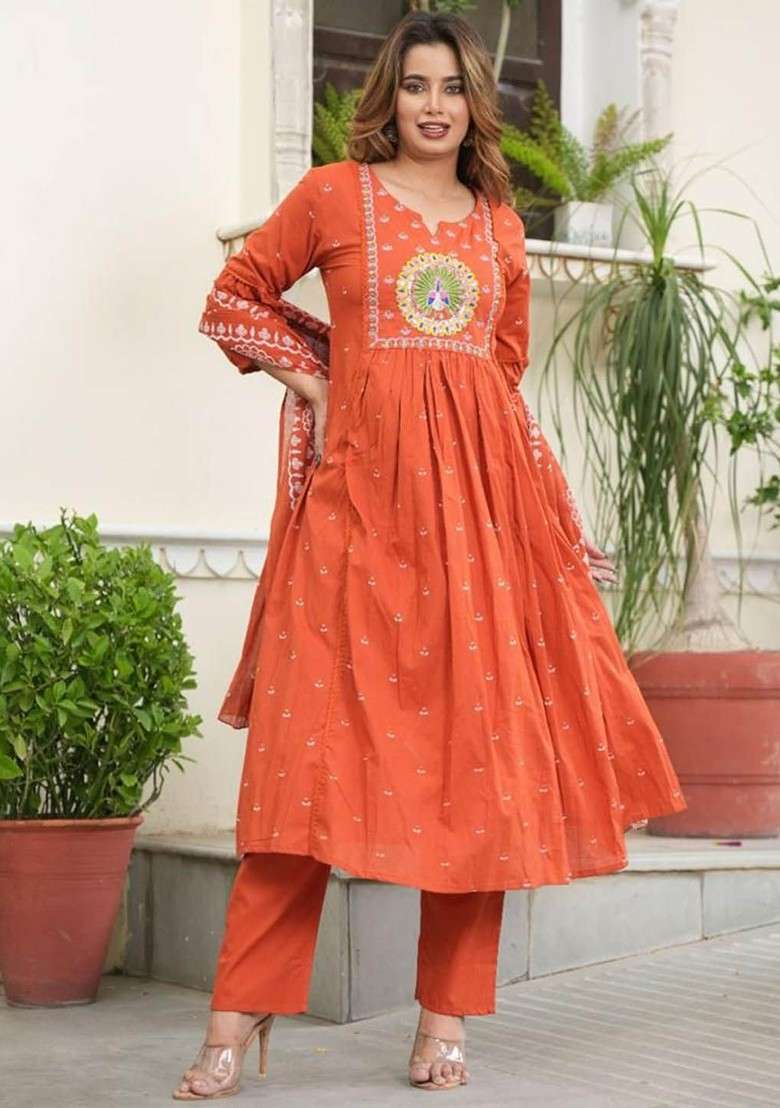 Rust Embroidered Poly Blended Kurta Sets - Indya