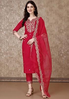 Red Embroidered Poly Blended Kurta Sets