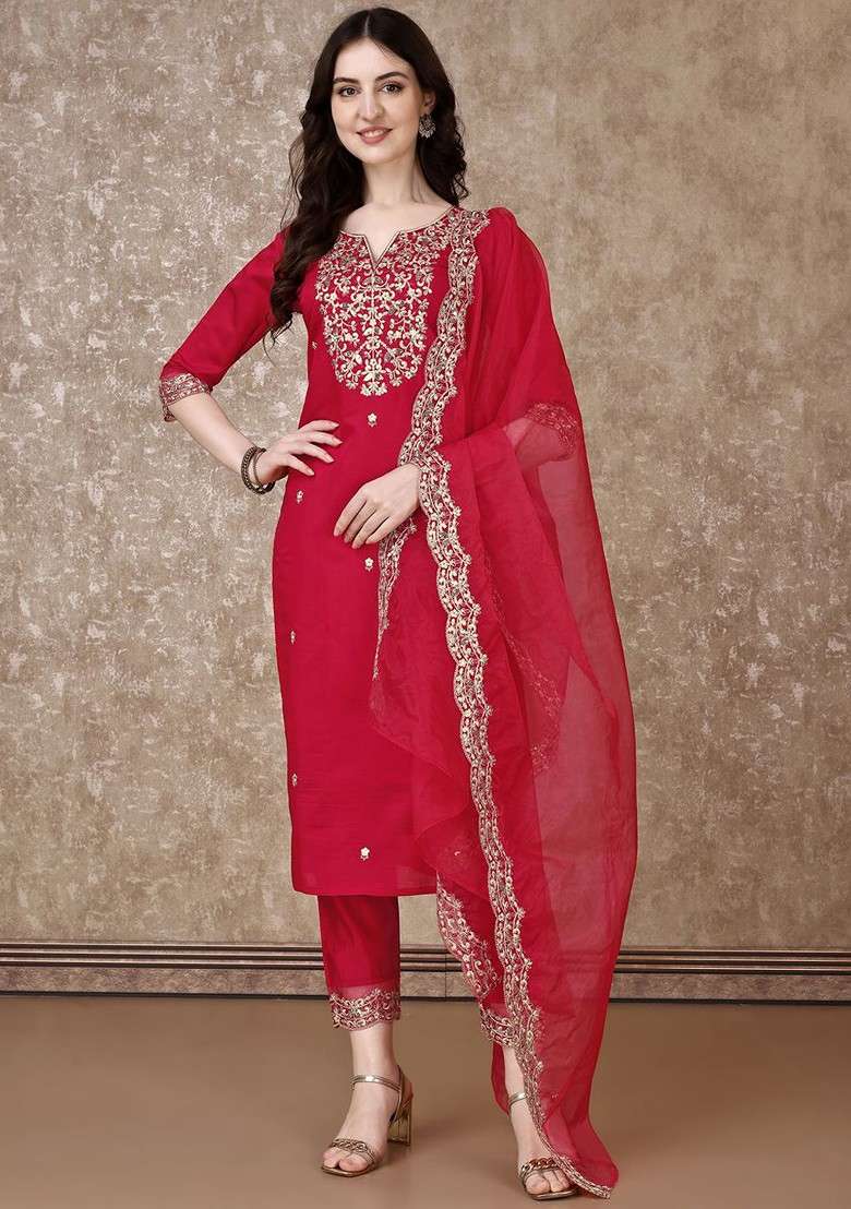 Red Embroidered Poly Blended Kurta Sets - Indya