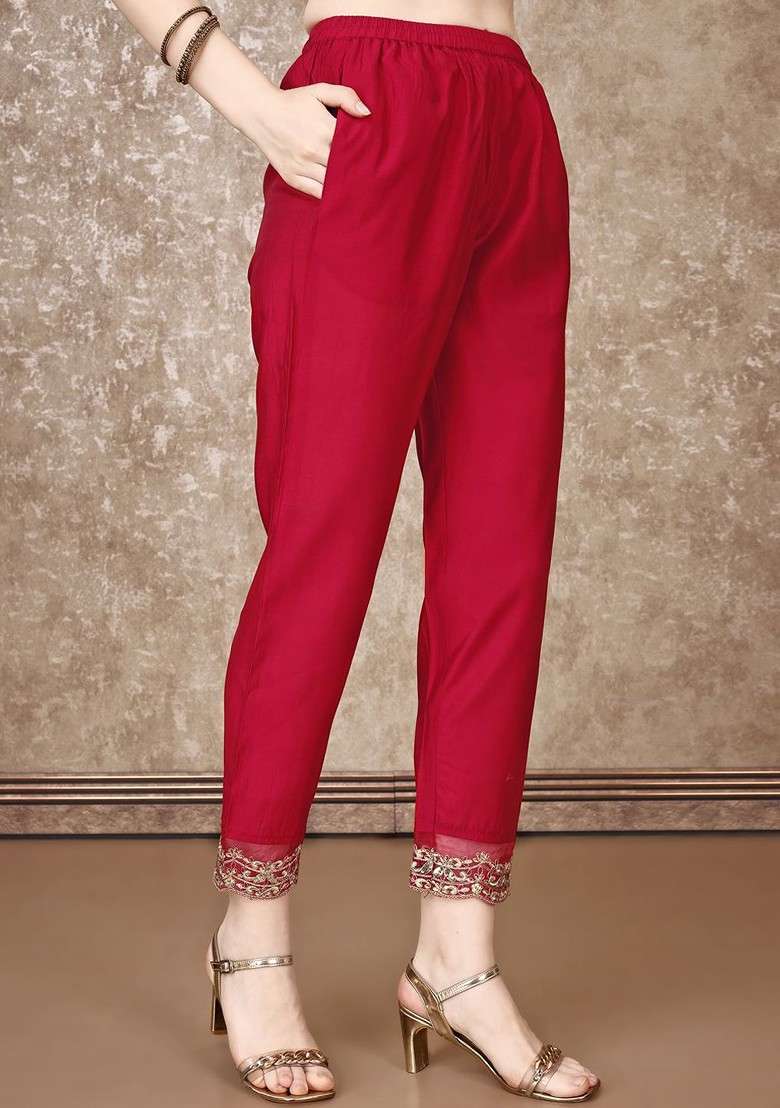 Red Embroidered Poly Blended Kurta Sets - Indya
