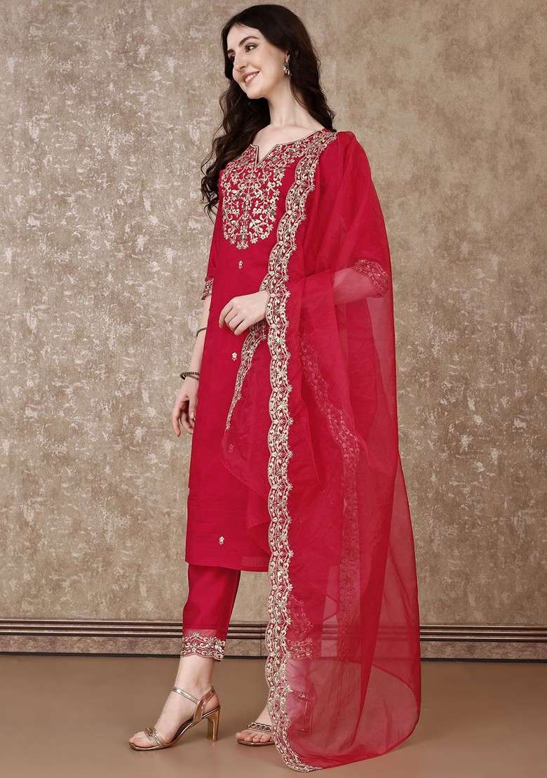 Red Embroidered Poly Blended Kurta Sets - Indya