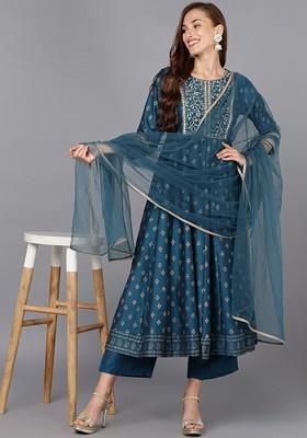 Navy Blue Embroidered Poly Blended Kurta Sets