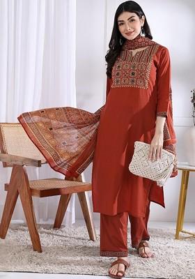 Maroon Embroidered Poly Blended Kurta Sets