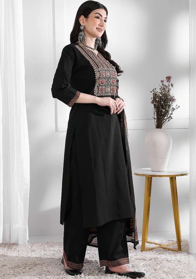 Black Embroidered Poly Blended Kurta Sets - Indya