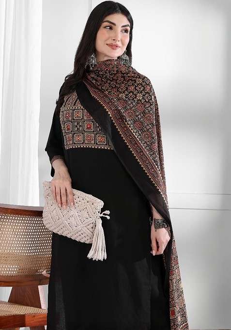 Black Embroidered Poly Blended Kurta Sets