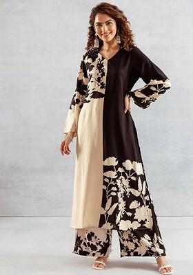 Beige Embroidered Poly Blended Kurta Sets