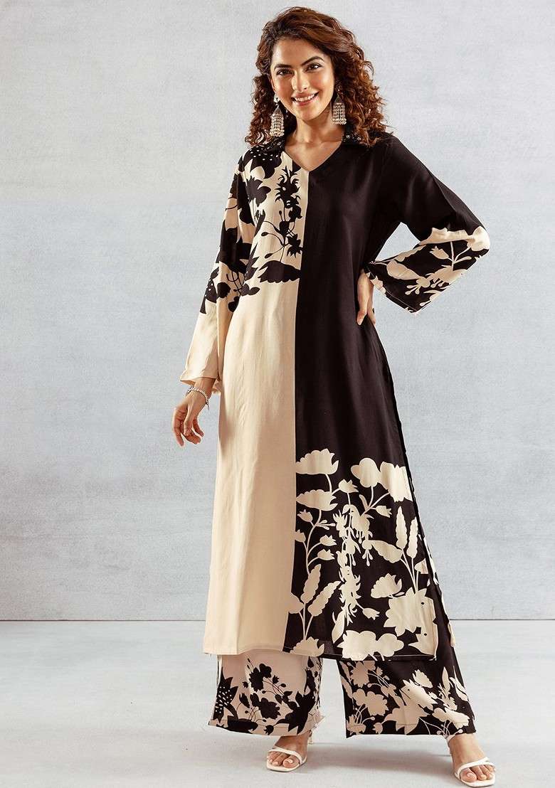 Beige Embroidered Poly Blended Kurta Sets - Indya